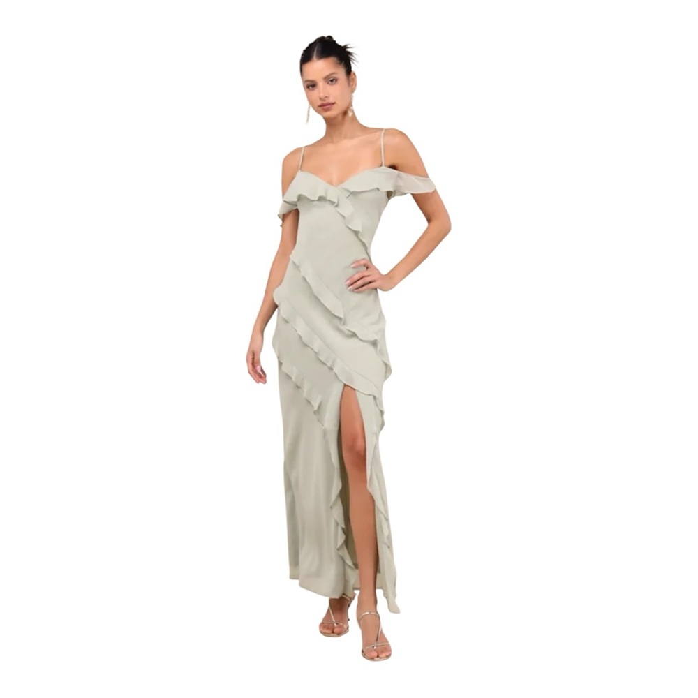 Lulu's Elara Light Sage Ruffled Maxi Dress